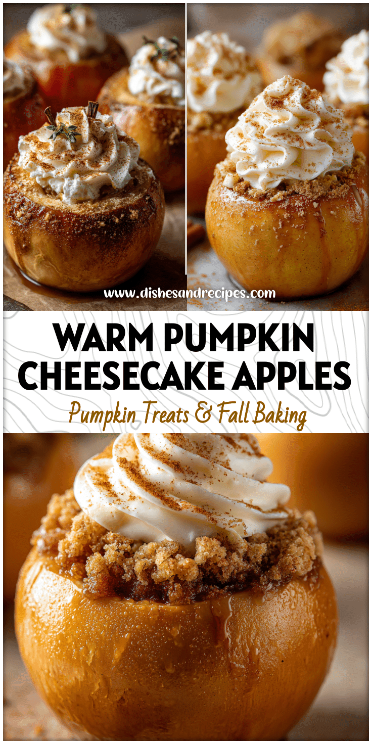 Warm stuffed apples topped with creamy cheesecake swirl and pumpkin spice sprinkle.